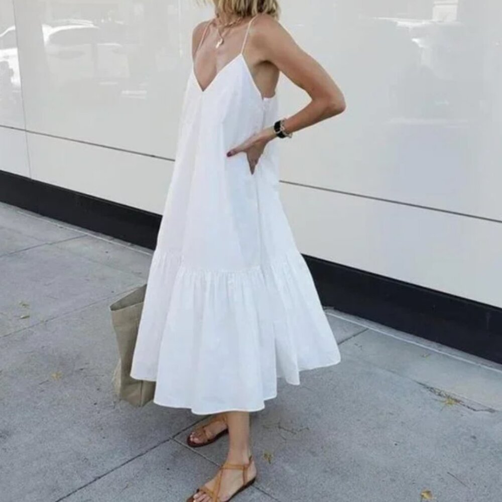 NWT ANINE BING Averie White Cotton Tiered Poplin Spring Summer Midi Dress XS